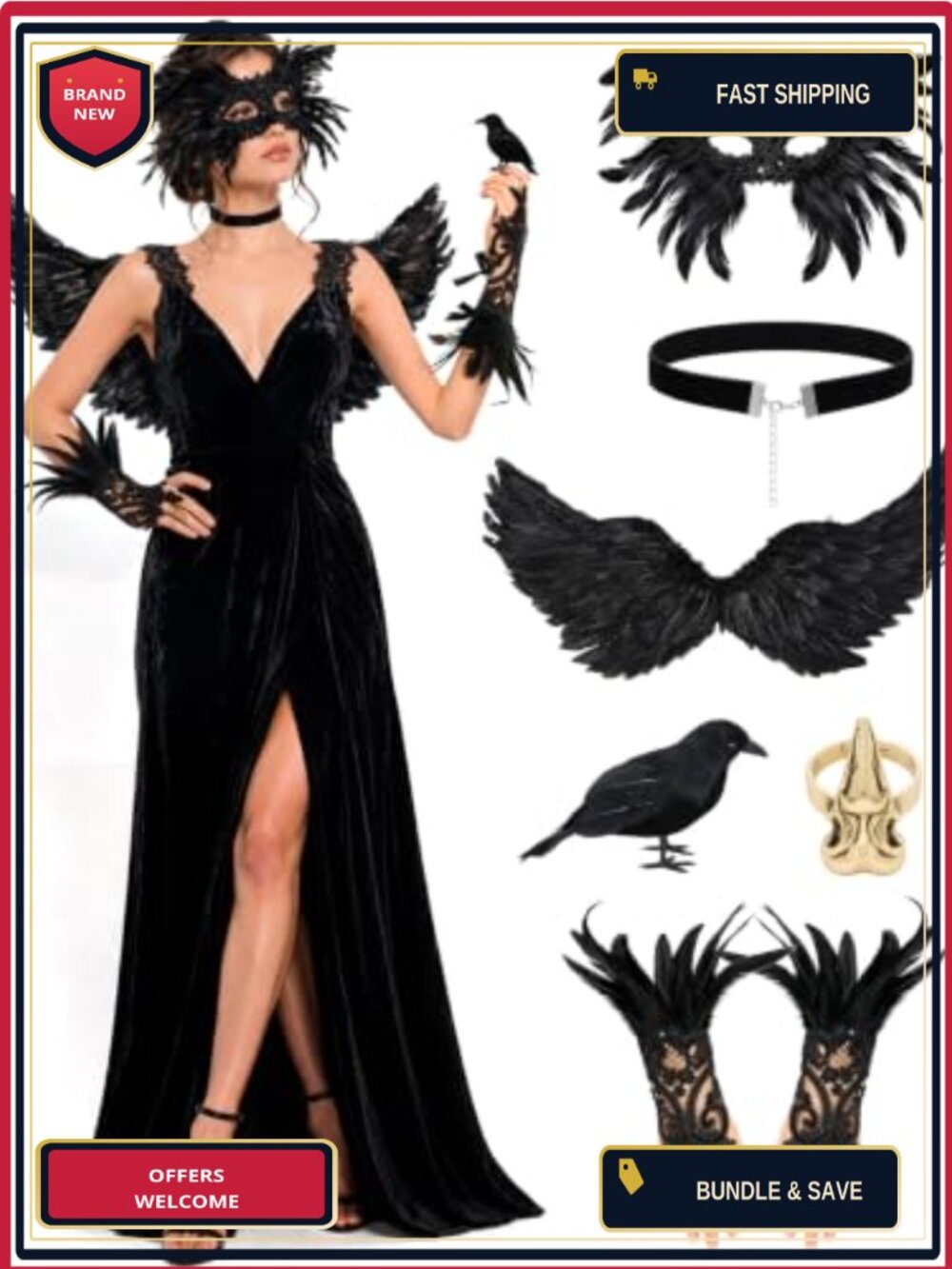 6PC Halloween Crow Costume Set Feather Wings Mask Cuffs Necklace Cosplay